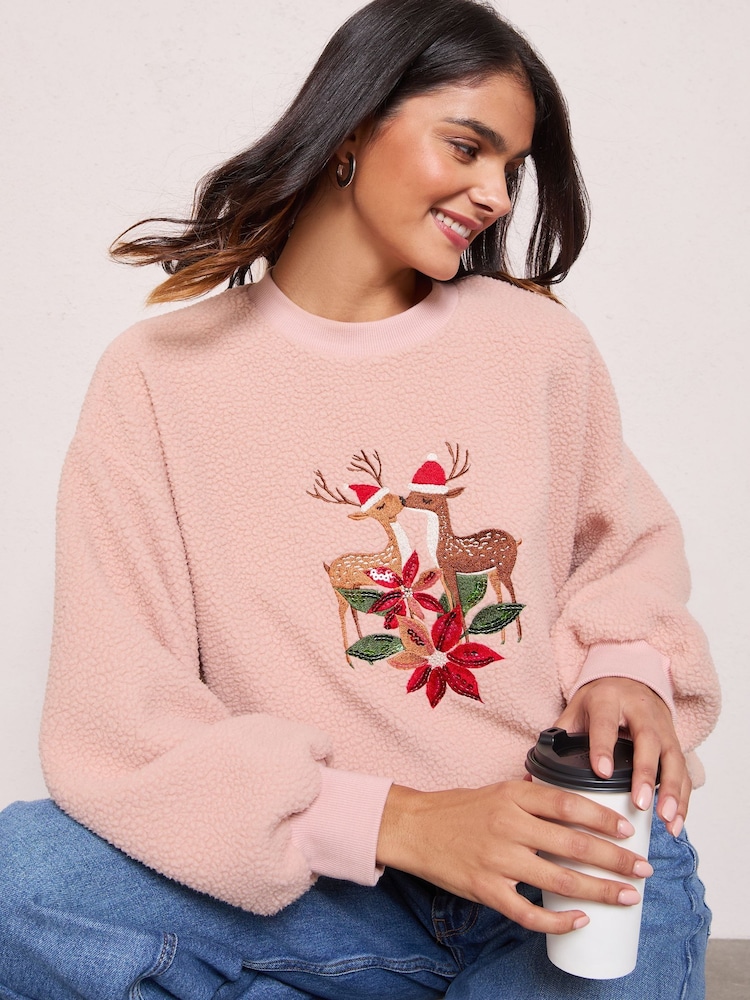 Friends Like These Pink Reindeer Embroidered Borg Sweatshirt - Image 2 of 4