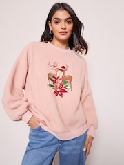 Friends Like These Pink Reindeer Embroidered Borg Sweatshirt - Image 3 of 4