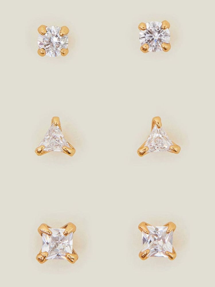 Accessorize Gold 14ct Spakle Shape Stud Earrings 3 Pack - Image 1 of 2