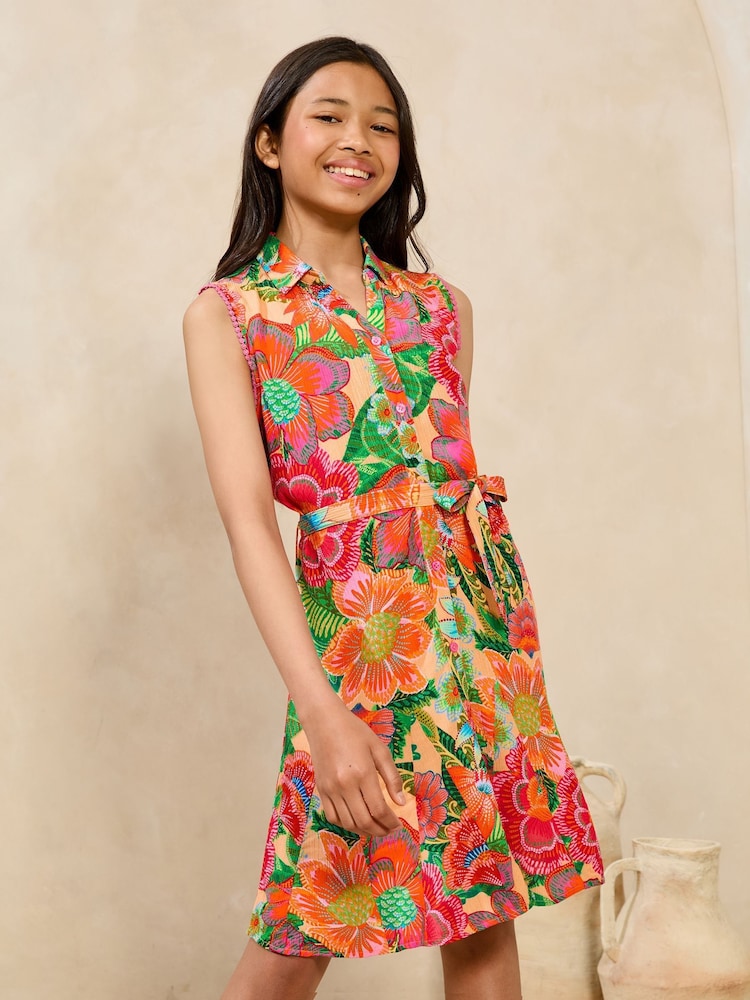 Lipsy Pink Multi Floral Crinkle Sleeveless Holiday Shop Shirt Dress (5-16yrs) - Image 1 of 5