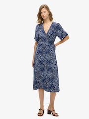 Superdry Blue Printed Wrap Midi Dress - Image 1 of 7