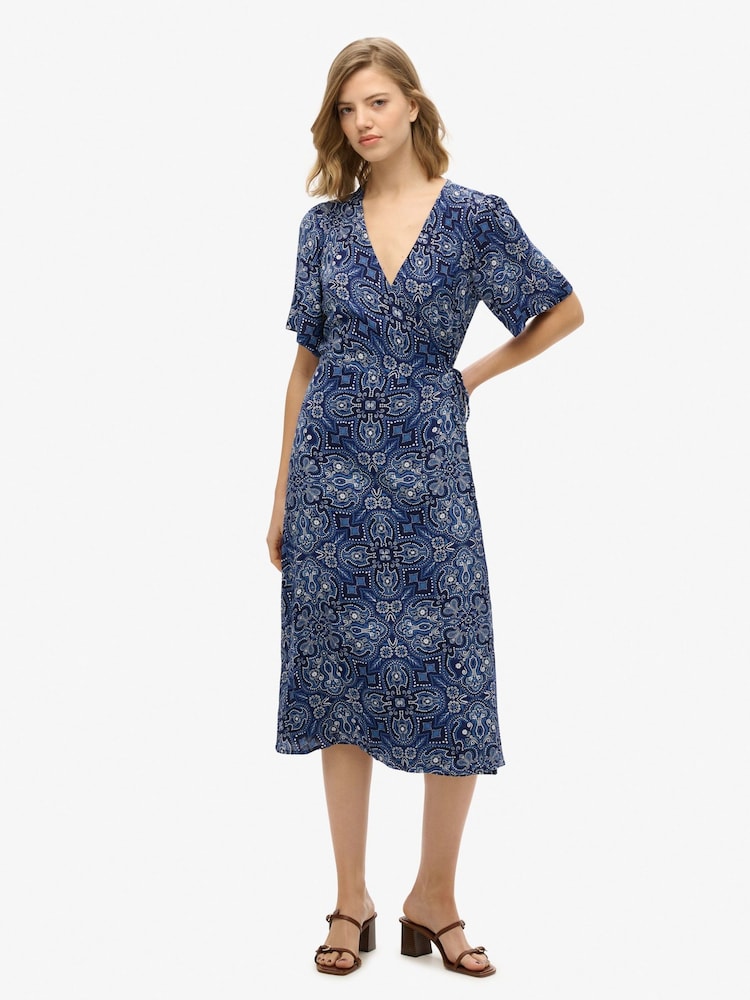 Superdry Blue Printed Wrap Midi Dress - Image 1 of 7