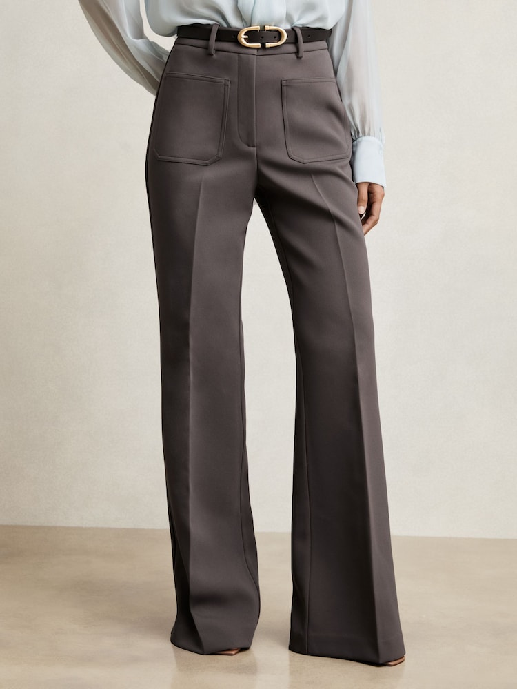Reiss Mauve Neutral Priya Petite Twill Patch-Pocket Flared Trousers - Image 1 of 7