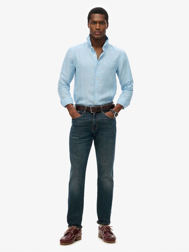 Superdry Blue Embroidered Vacation 100% Linen Shirt - Image 2 of 6
