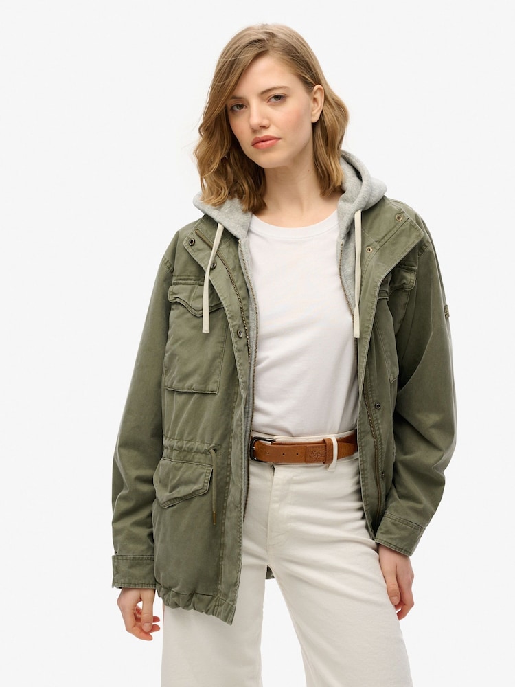 Superdry Green Jersey Hooded Military Jacket - Image 1 of 6