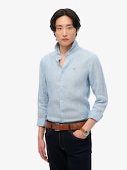 Superdry Blue Embroidered Vacation 100% Linen Shirt - Image 1 of 7