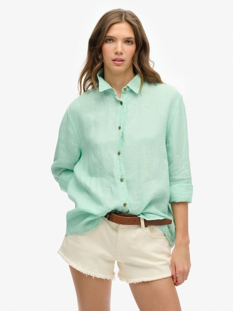Superdry Green Boyfriend Casual Linen Shirt - Image 1 of 6