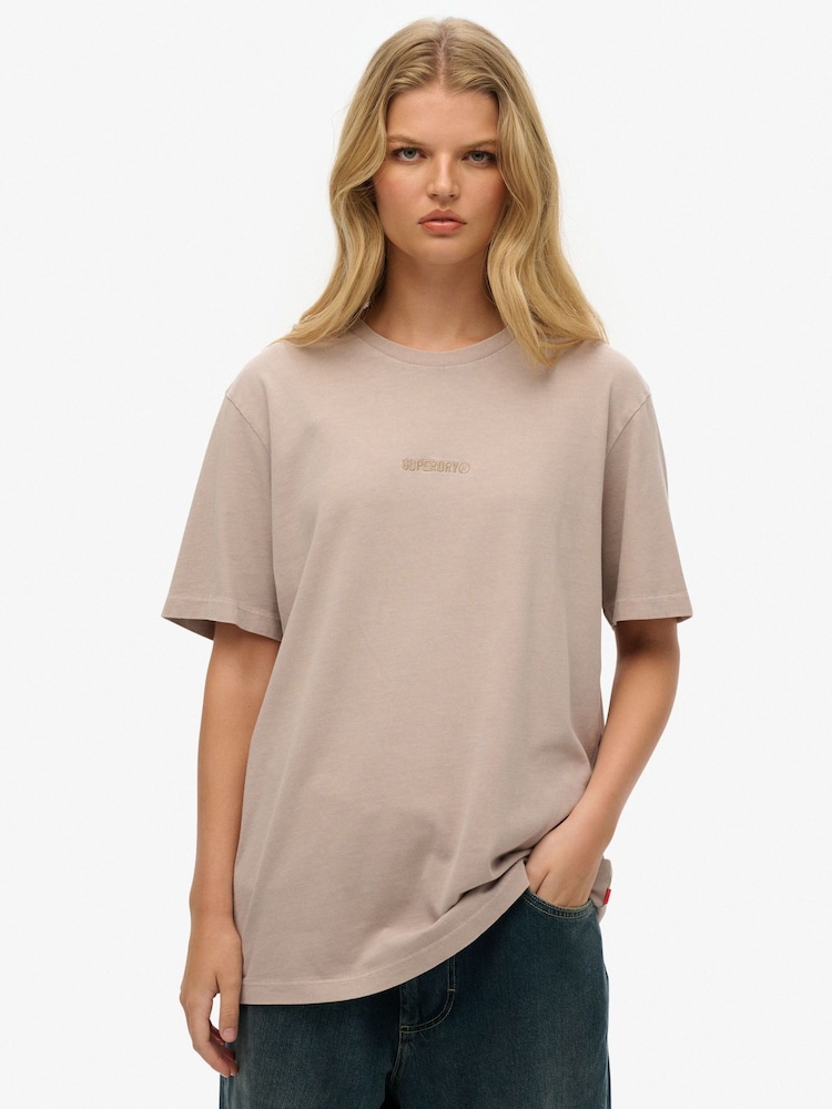 Superdry Nude 100% Cotton Oversized Micro Logo T-Shirt - Image 1 of 6