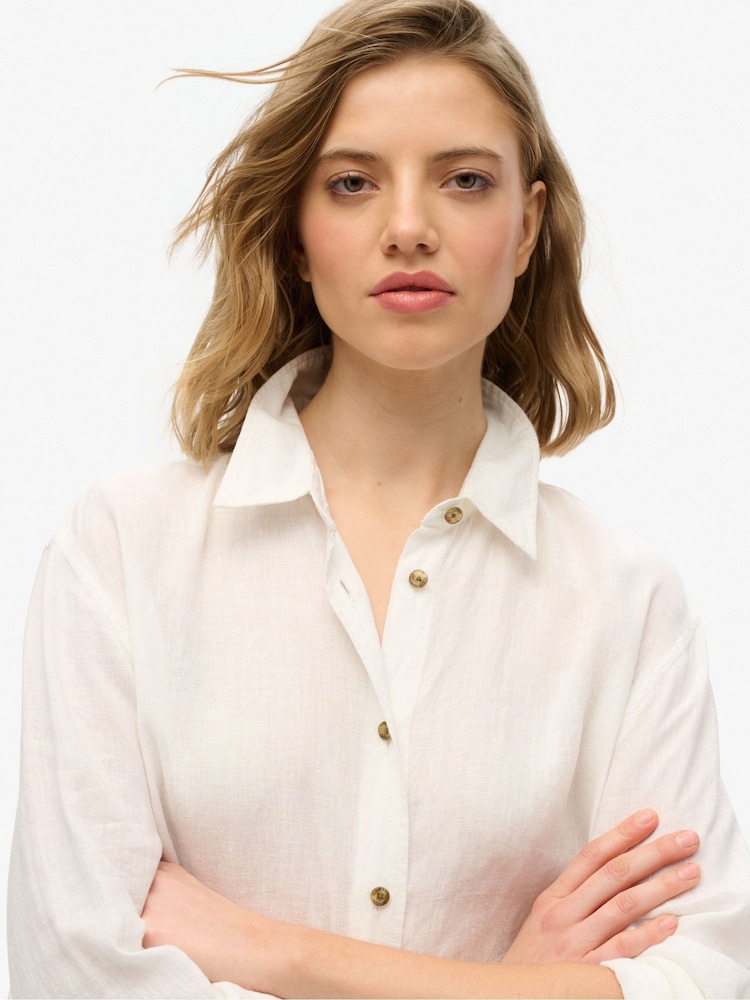 Superdry White Boyfriend Casual Linen Shirt - Image 2 of 6