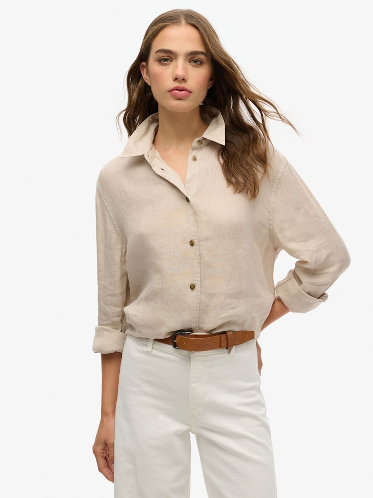 Superdry Nude Boyfriend Casual Linen Shirt - Image 1 of 6