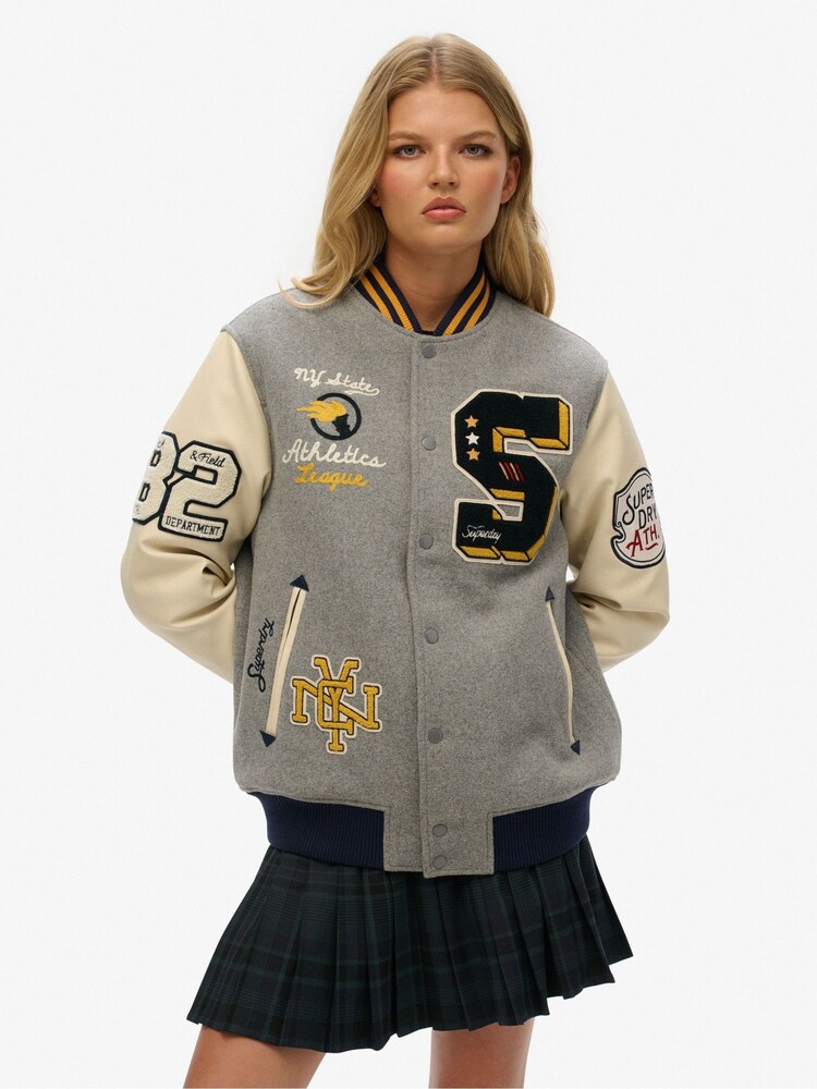 Superdry Grey Oversized 100% Cotton College Patched Bomber Jacket - Image 1 of 7 Superdry Grey Oversized 100% Cotton College Patched Bomber Jacket - Image 1 of 7