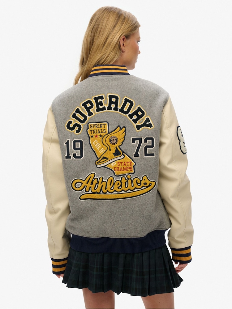 Superdry Grey Oversized 100% Cotton College Patched Bomber Jacket - Image 2 of 7 Superdry Grey Oversized 100% Cotton College Patched Bomber Jacket - Image 2 of 7