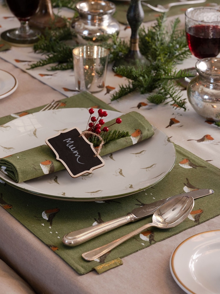 Sophie Allport Set of 2 Forest Green Robin Fabric Placemats - Image 1 of 2 Sophie Allport Set of 2 Forest Green Robin Fabric Placemats - Image 1 of 2