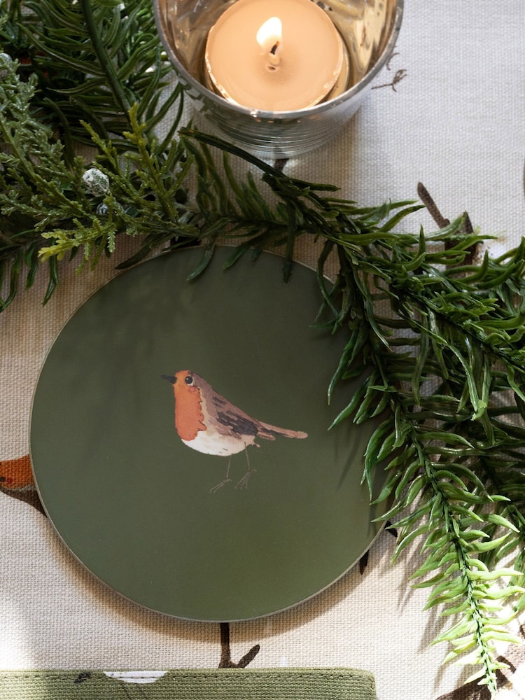 Sophie Allport Set of 4 Forest Green Robin Circular Coasters - Image 1 of 2 Sophie Allport Set of 4 Forest Green Robin Circular Coasters - Image 1 of 2