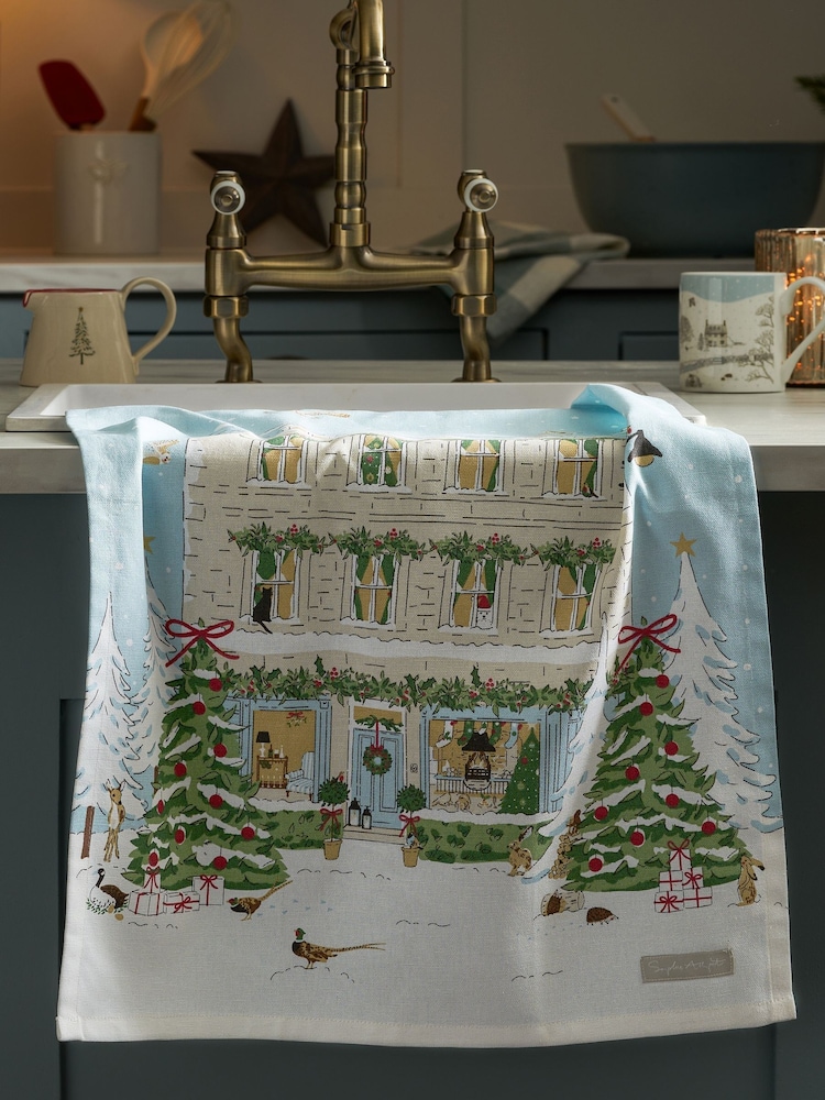 Sophie Allport Pale Blue Christmas House Tea Towel - Image 1 of 3 Sophie Allport Pale Blue Christmas House Tea Towel - Image 1 of 3