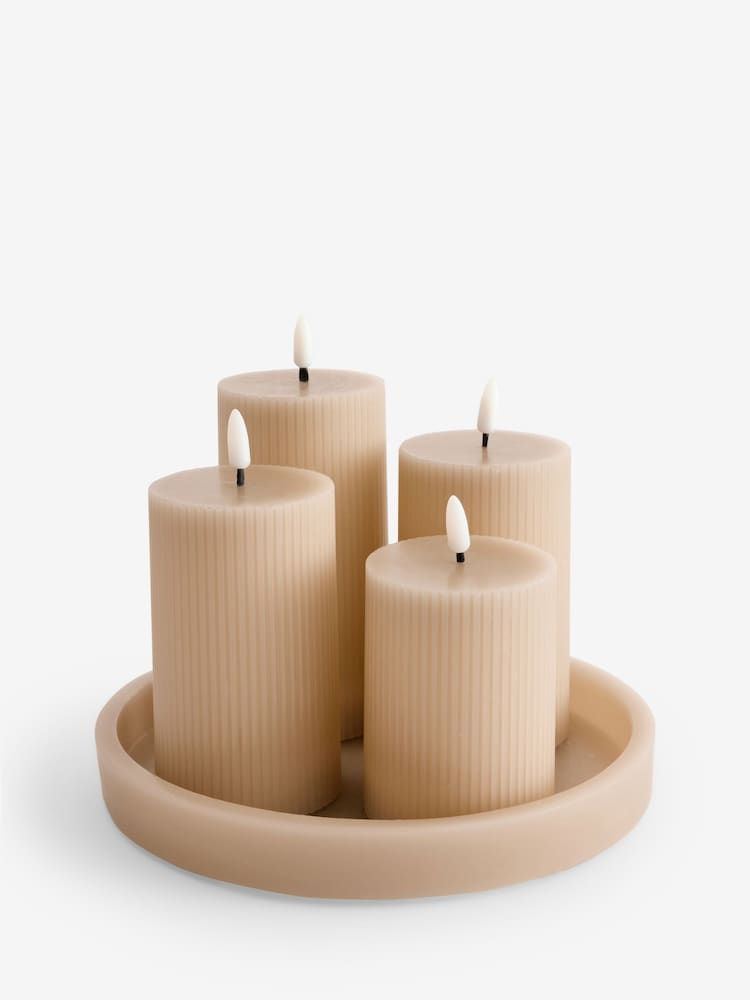 Set of 4 Natural Ribbed Pillar Candles With Tray - Image 4 of 4 Set of 4 Natural Ribbed Pillar Candles With Tray - Image 4 of 4