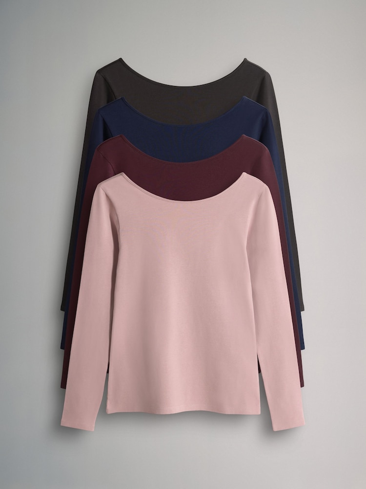 The Set Navy Blue/Chocolate Brown/Dark Red/Mid Pink 4 Pack Scoop Back Long Sleeved T-Shirts - Image 1 of 7