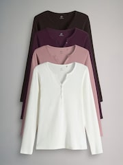 The Set Chocolate Brown/ Pink/Cream 4 Pack Ribbed Henley Long Sleeve T-Shirts - Image 1 of 7