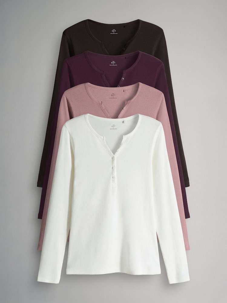 The Set Chocolate Brown/ Pink/Cream 4 Pack Ribbed Henley Long Sleeve T-Shirts - Image 1 of 7