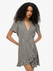 Superdry Black Short Sleeve Printed Mini Wrap Dress - Image 1 of 7