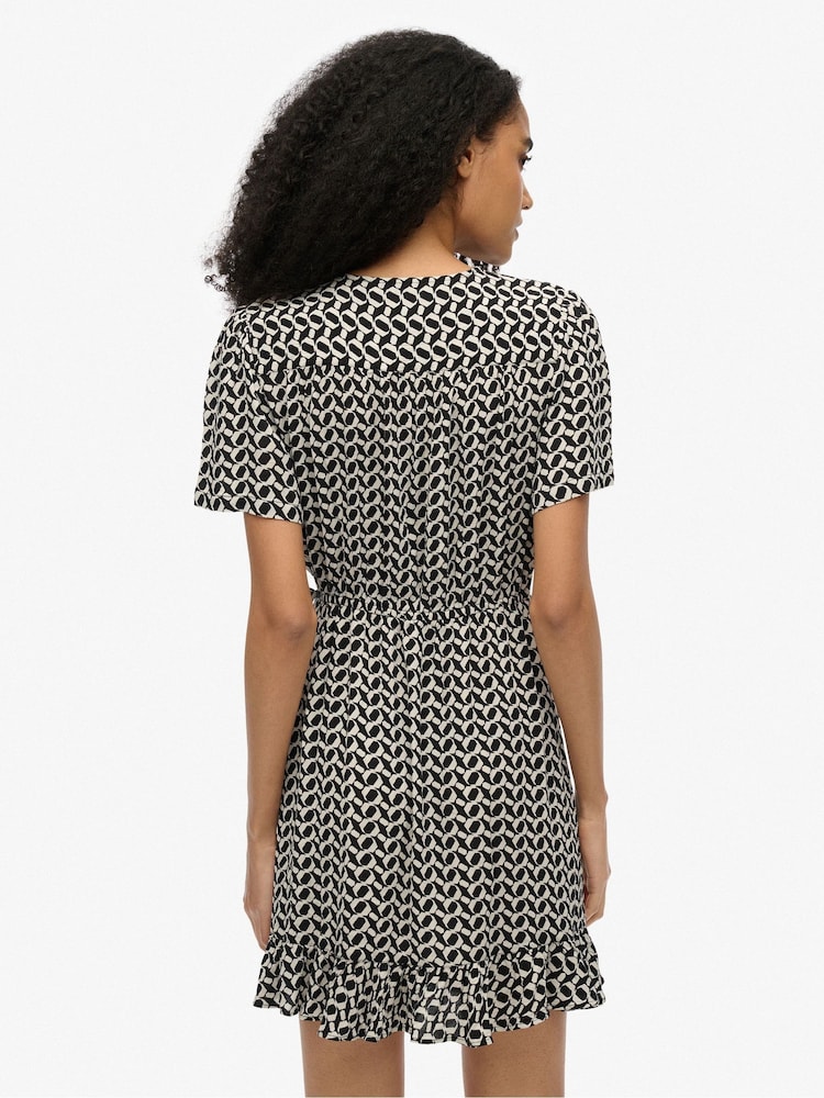 Superdry Black Short Sleeve Printed Mini Wrap Dress - Image 2 of 7