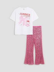 River Island Pink Girls Bow Sequin Kickflare Set - Image 1 of 5
