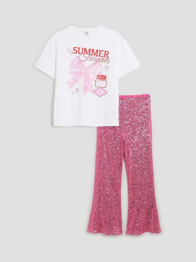 River Island Pink Girls Bow Sequin Kickflare Set - Image 1 of 5