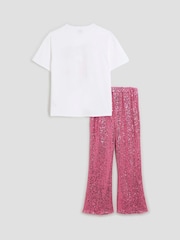River Island Pink Girls Bow Sequin Kickflare Set - Image 2 of 5