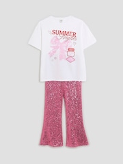 River Island Pink Girls Bow Sequin Kickflare Set - Image 3 of 5