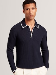 Ted Baker Blue Brucei Waffle Stitch Knit Polo Shirt - Image 1 of 8