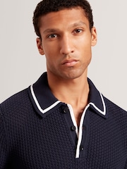 Ted Baker Blue Brucei Waffle Stitch Knit Polo Shirt - Image 3 of 8