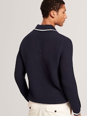 Ted Baker Blue Brucei Waffle Stitch Knit Polo Shirt - Image 4 of 8