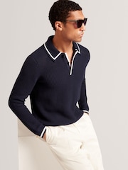Ted Baker Blue Brucei Waffle Stitch Knit Polo Shirt - Image 6 of 8