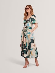 Ted Baker Pink Moyla Printed Puff Sleeve Ruched Detail Midi Dress - Image 1 of 8