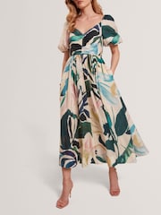 Ted Baker Pink Moyla Printed Puff Sleeve Ruched Detail Midi Dress - Image 3 of 8