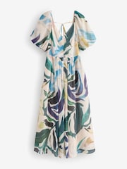 Ted Baker Pink Moyla Printed Puff Sleeve Ruched Detail Midi Dress - Image 5 of 8