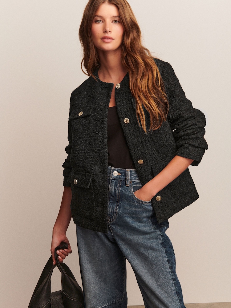 Black Boucle Longline Jacket - Image 1 of 8 Black Boucle Longline Jacket - Image 1 of 8