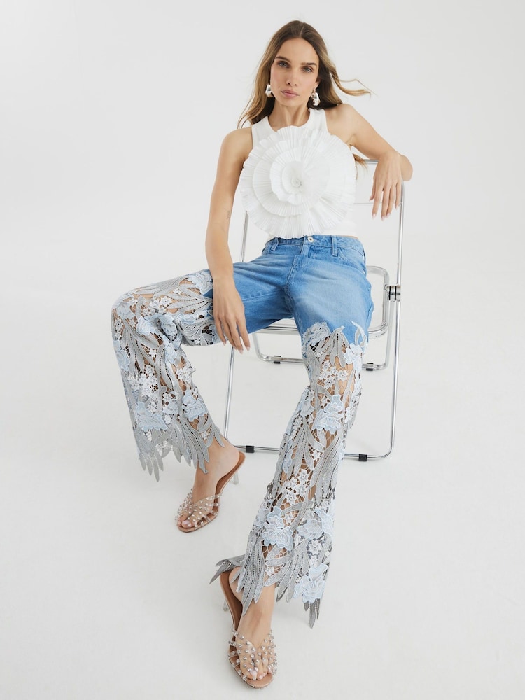 River Island Blue Straight Fit Denim Relaxed Lace 100% Cotton Jeans - Image 1 of 4