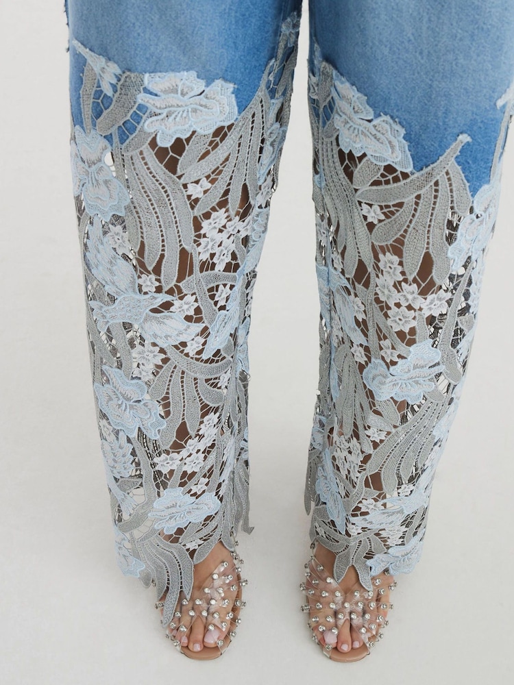 River Island Blue Straight Fit Denim Relaxed Lace 100% Cotton Jeans - Image 4 of 4 River Island Blue Straight Fit Denim Relaxed Lace 100% Cotton Jeans - Image 4 of 4