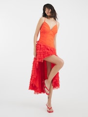 River Island Orange Tulle Ruffle Midi Dress - Image 1 of 4
