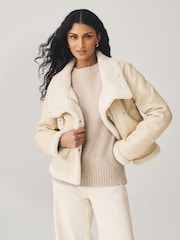 Neutral Borg Lined Funnel Neck Aviator Jacket - Image 1 of 8