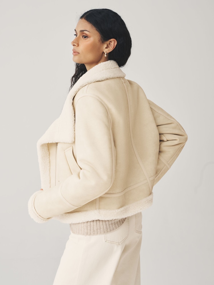 Neutral Borg Lined Funnel Neck Aviator Jacket - Image 2 of 8