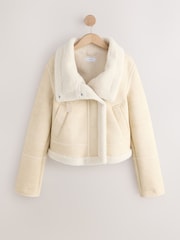 Neutral Borg Lined Funnel Neck Aviator Jacket - Image 4 of 8