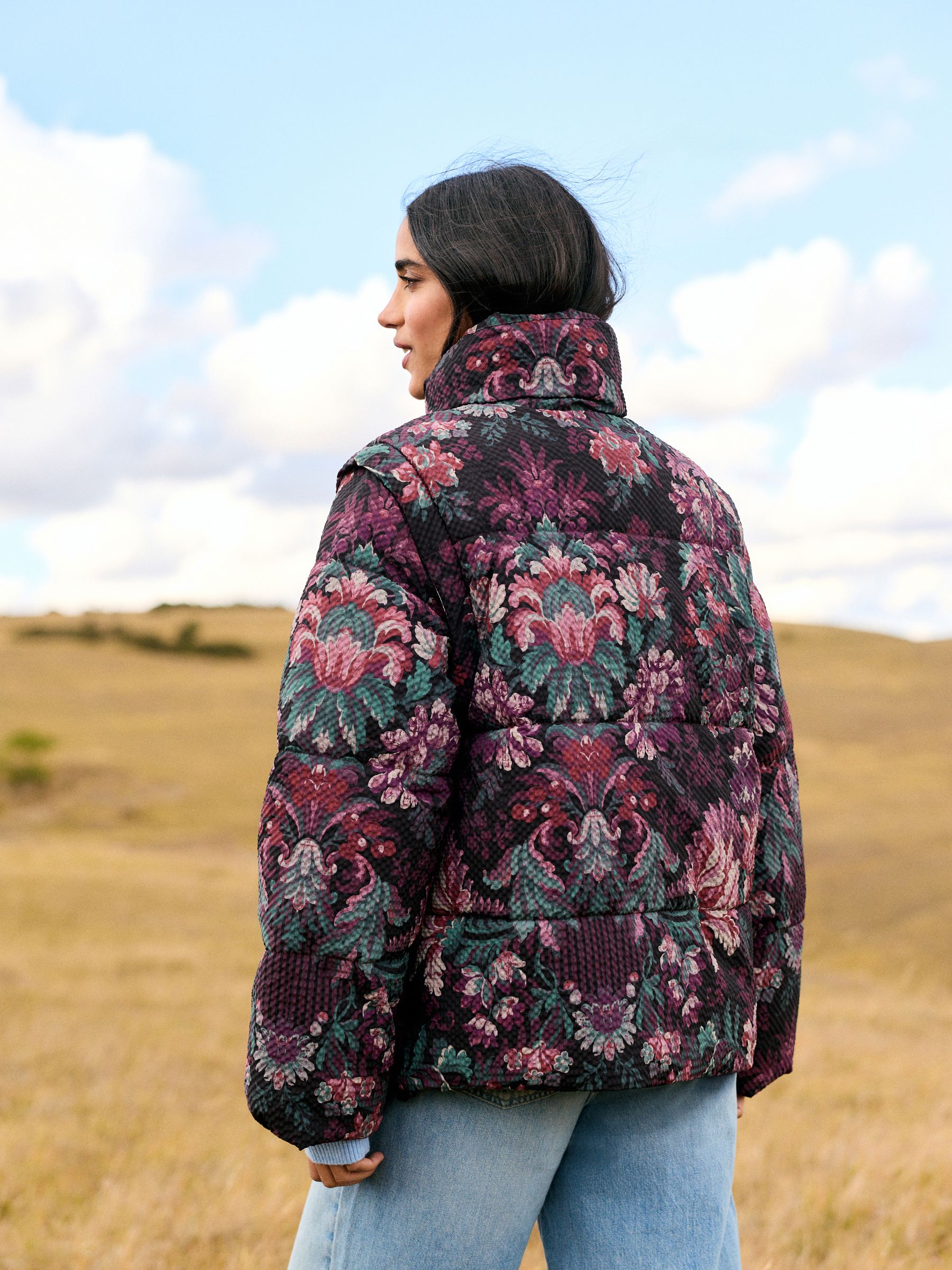 ジャケット・アウター PoFF Short down jacket/ bouquet Buy Burgundy Red Floral Short Padded Coat with Detachable Sleeves