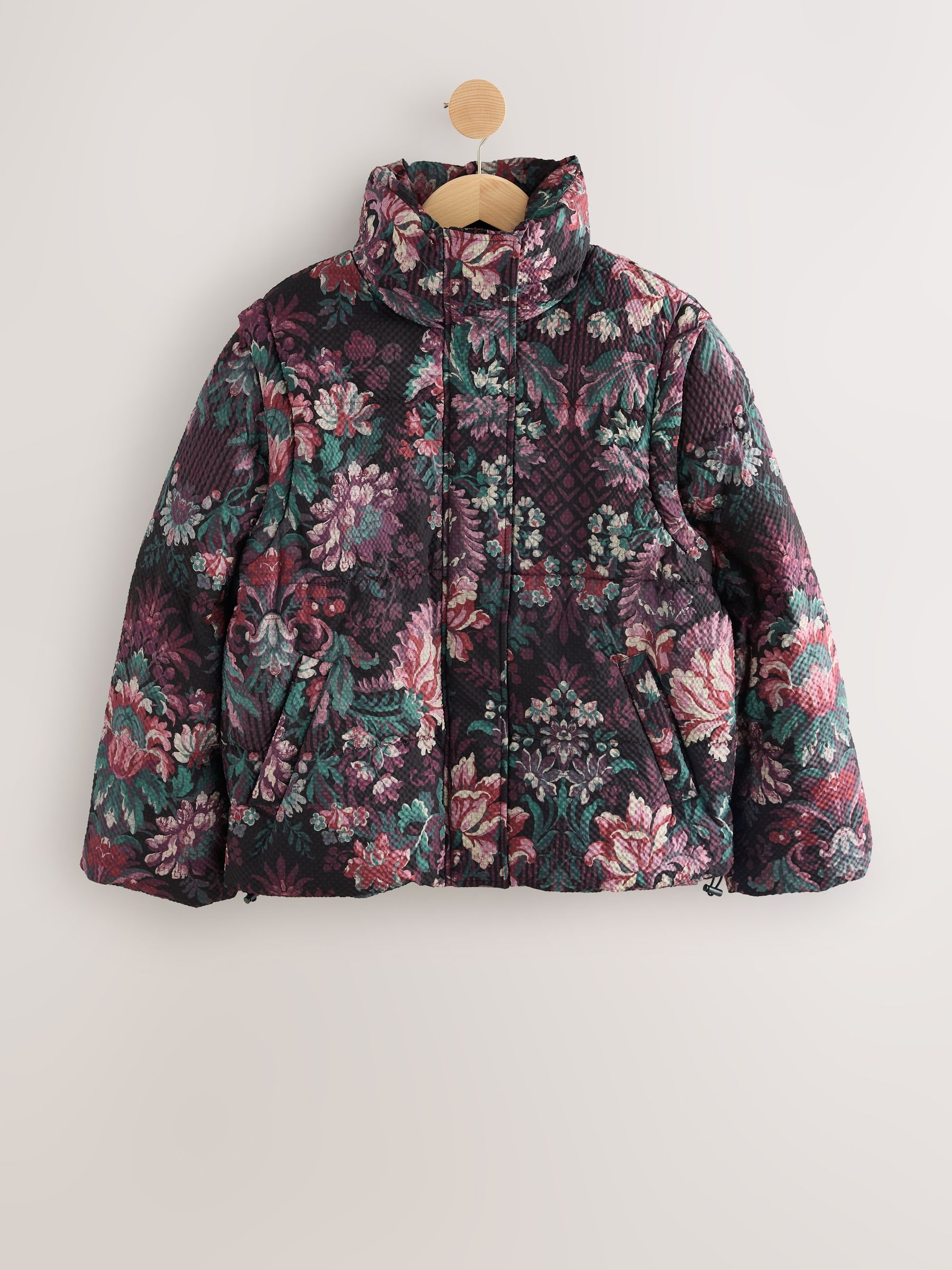 Buy Burgundy Red Floral Short Padded Coat with Detachable Sleeves