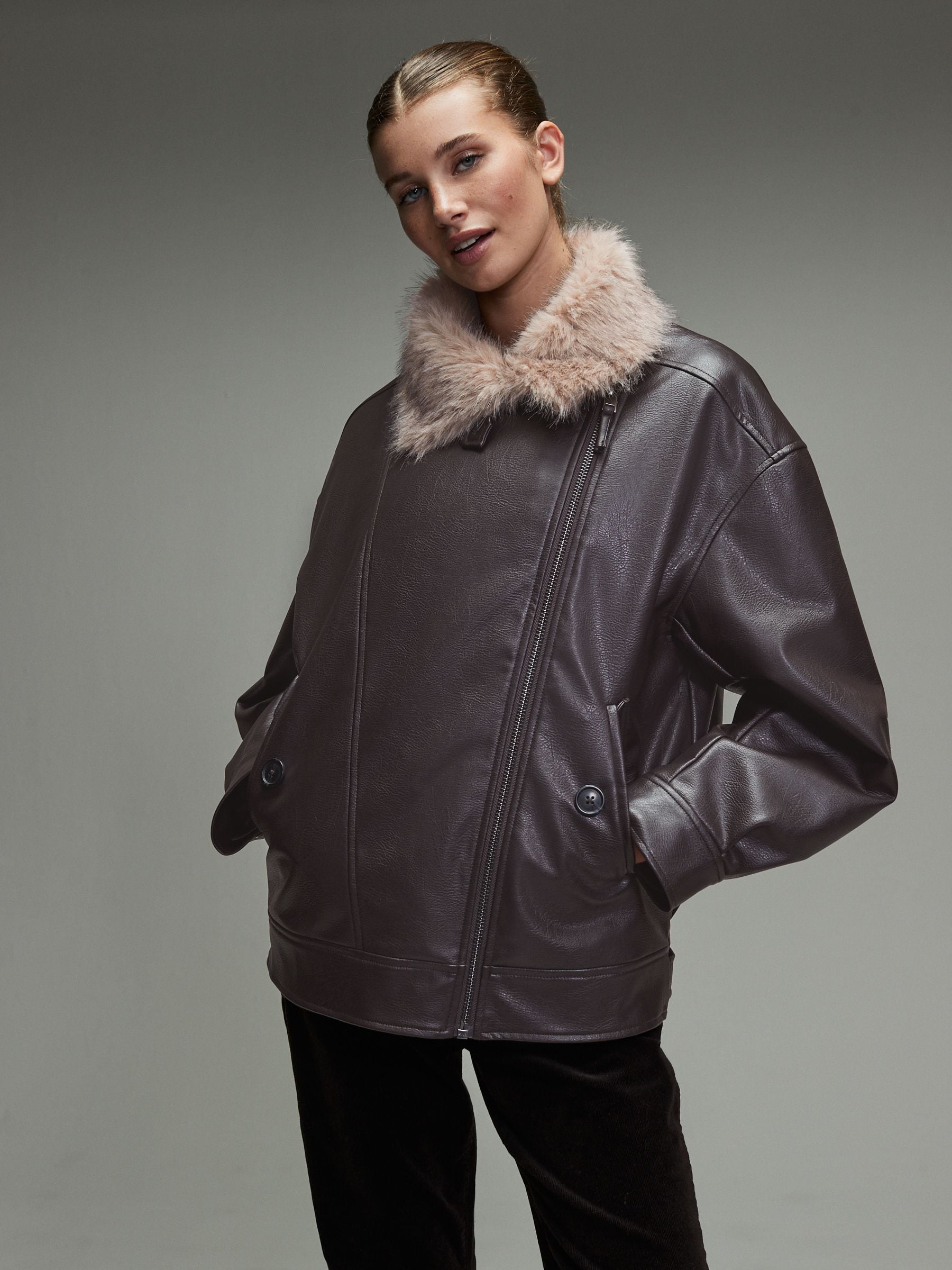 Buy Chocolate Brown PU Bomber Jacket with Faux Fur Trim from Next