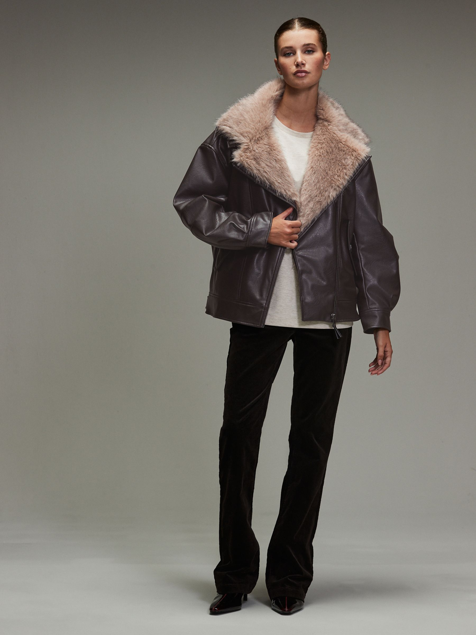 Buy Chocolate Brown PU Bomber Jacket with Faux Fur Trim from Next USA