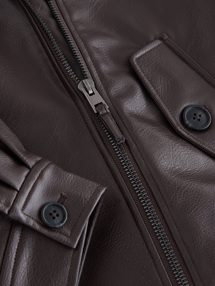 Chocolate Brown PU Bomber Jacket with Faux Fur Trim - Image 3 of 3