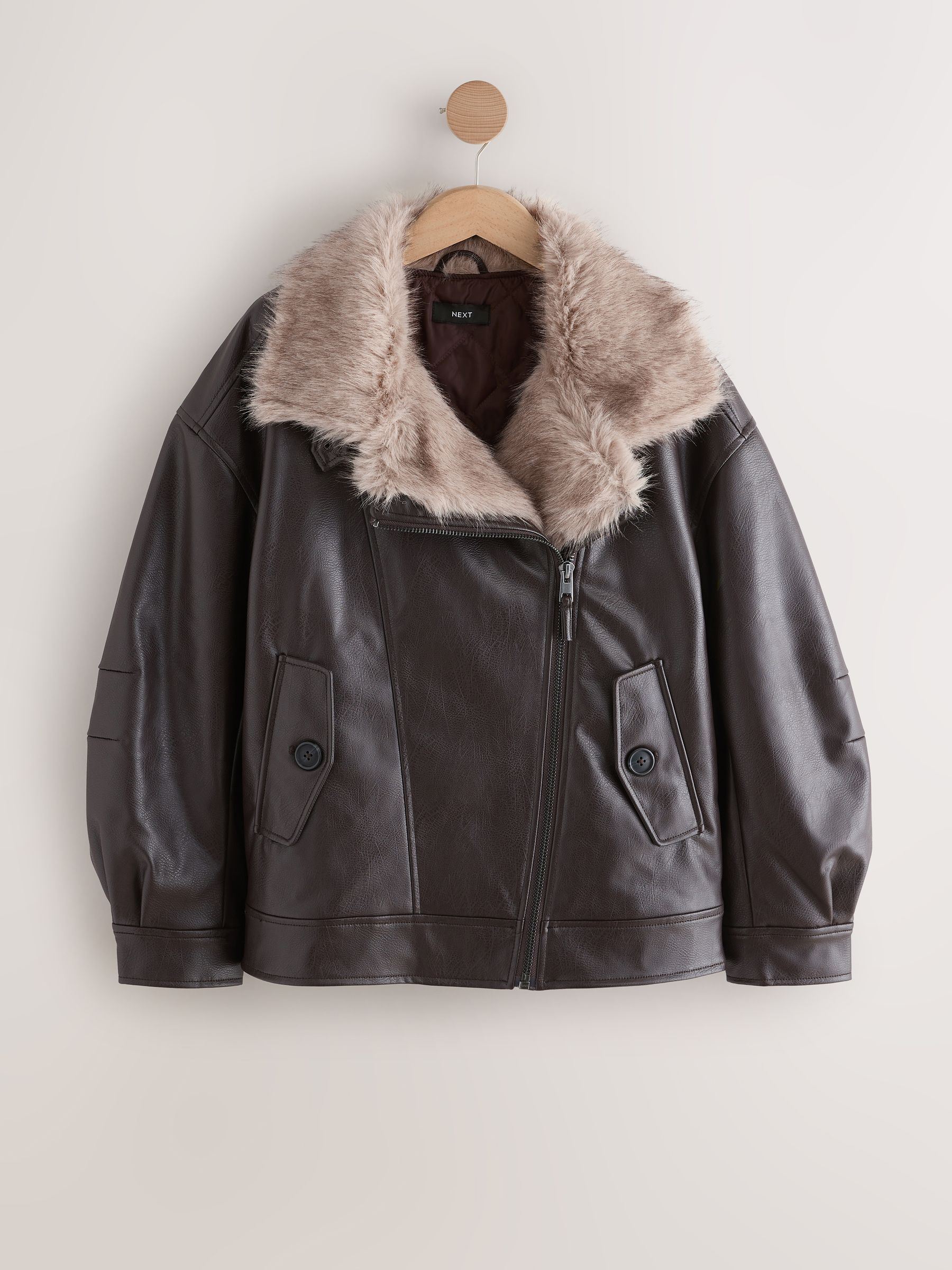 Buy Chocolate Brown PU Bomber Jacket with Faux Fur Trim from Next USA