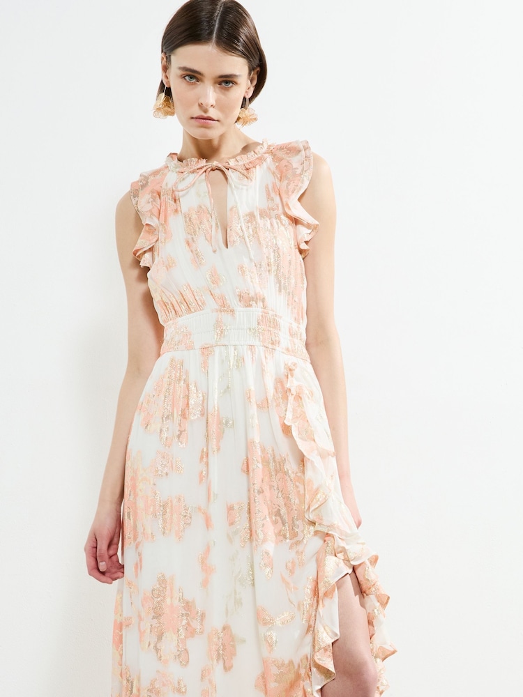 French Connection Pink Elko Jaquard Flutted Midi Dress - Image 1 of 4 French Connection Pink Elko Jaquard Flutted Midi Dress - Image 1 of 4